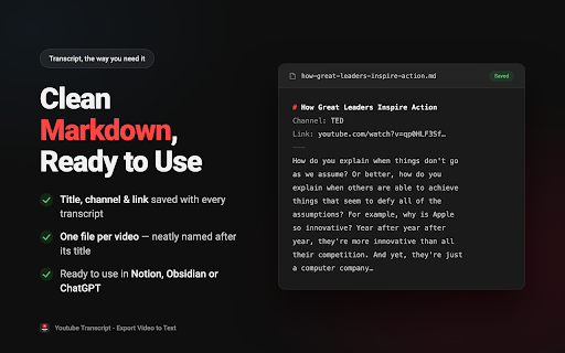 Youtube Transcript - Export Video to Text :: Get YouTube transcripts & download video to text in 1-click. Batch download subtitles as Markdown optimized for ChatGPT & Claude.