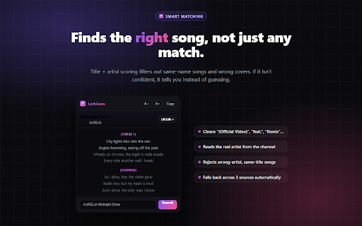 LyricLens - Lyrics for YouTube :: Instantly see synced, scrollable lyrics for any YouTube song. Pulls from Genius, LRCLIB & more. One click, no setup.
