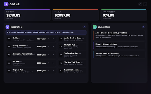 SubTrack - Subscription Tracker :: Find your recurring subscriptions from email receipts and see what they cost you each month.