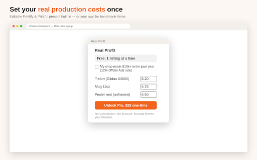 Real Profit: Etsy Fee & Profit Calculator :: Etsy profit calculator: real net margin on every listing after all 2026 fees + POD cost. One-time payment, no subscription.