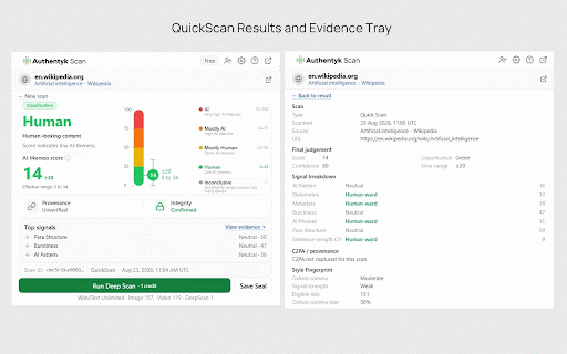 Authentyk Scan :: Free AI content detector for any web page. Check whether text, images, or video is AI-generated and share a verification Seal.