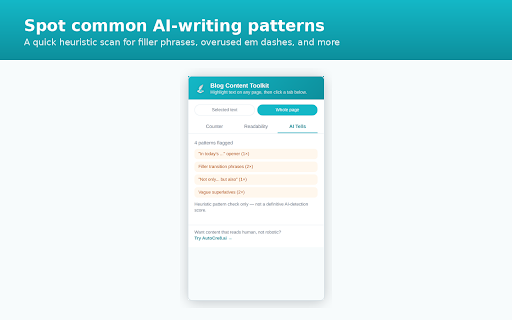 Blog Content Toolkit :: Word count, reading time, readability score, and an AI-writing-tell scanner for any page or selected text.