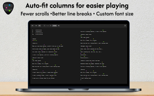 TabStage - Fullscreen Tabs for Ultimate Guitar :: Distraction-free tab reader for Ultimate Guitar. Multi-column layout, colored chords, and custom font size - built for practice.