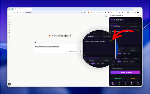 OPTIMASIPROMPT ID :: Optimalkan & sempurnakan prompt AI kamu langsung di halaman chat — cukup 1 klik, tanpa pindah tab atau copy-paste.