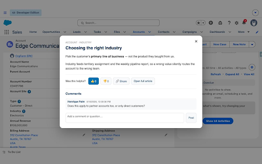 Hint for Salesforce :: Inline help icons next to Salesforce fields — articles, votes, and comments served from your own Salesforce org.