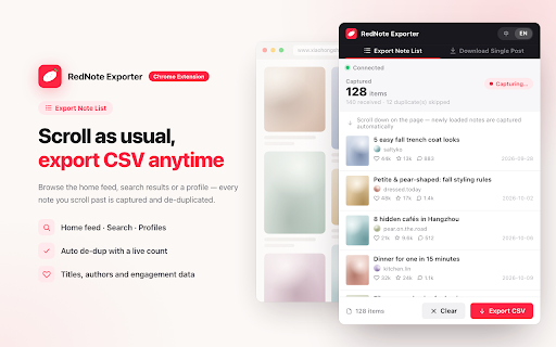 RedNote Exporter - Xiaohongshu Image & Video Downloader, Export to CSV :: Download all images & videos from a RedNote (Xiaohongshu) post in one click, and export note lists (feed, search, profiles) to CSV