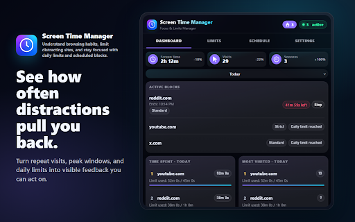 Screen Time Manager - Website Blocker and Focus Tool :: Understand browsing habits, limit distracting sites, and stay focused with daily limits and scheduled blocks.