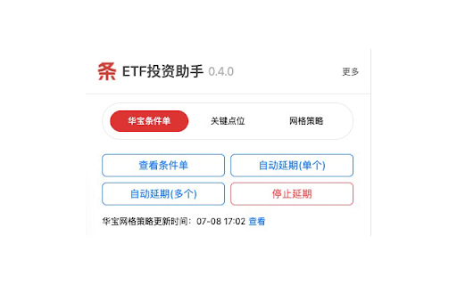 ETF投资助手 :: 一键延期华宝条件单;利用K线图显示E大(ETF拯救世界)关键点位;自定义网格策略。
