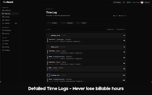 TimeRecord - Time Tracker & Timesheet :: Automatic time tracking for freelancers. Times your work and logs which websites you used, by Client / Project / Task.