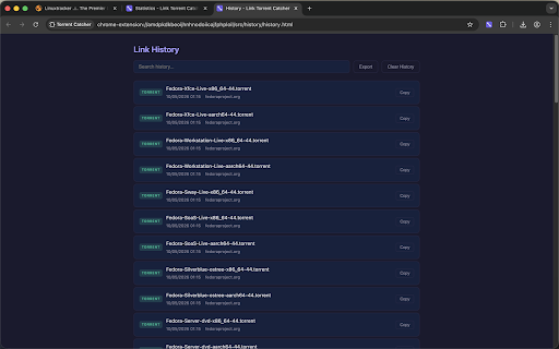 Link Torrent Catcher :: Tidy organizer for magnet and .torrent links — search open archives, copy, export, or open in your favorite torrent client.