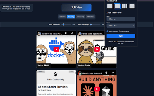 Split View :: Split your Chrome window to view multiple tabs side by side. You can control the size of the panels and the tabs individually.