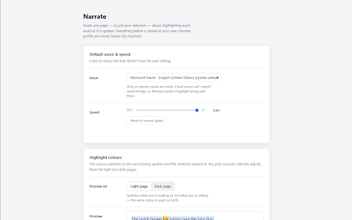 Narrate :: Narrate reads any page — or just your selection — aloud with on-device voices, highlighting each word as it is spoken.