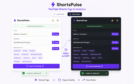 ShortsPulse - YouTube Shorts Tags & Analytics :: Extract YouTube Shorts titles, creators, and hashtags instantly — and copy everything in a single click.