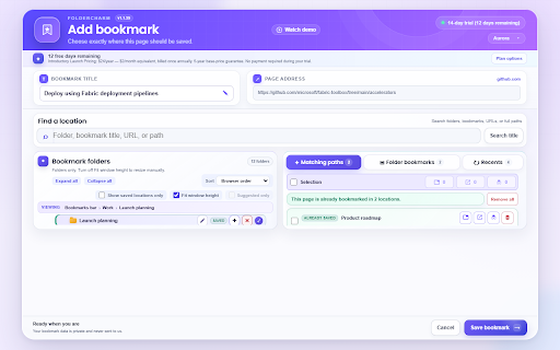 FolderCharm :: Find the right bookmark folder instantly — even with thousands of bookmarks — and save in seconds.