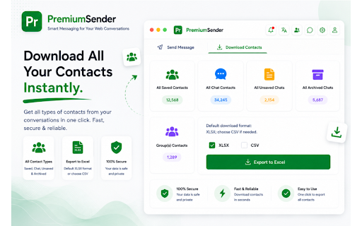 Premium Sender :: Bulk send personalized web messages, images, videos & docs. Export group contacts and direct message without saving numbers.