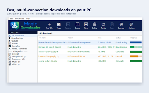 Magic Downloader :: Fast download manager companion: grab videos (HLS/DASH/MP4) with a button right on the player, plus capture normal downloads.