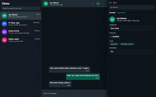 ChatAgent for WhatsApp Web :: See ChatAgent CRM beside WhatsApp Web. Match chats to contacts and open lead details without leaving WhatsApp.