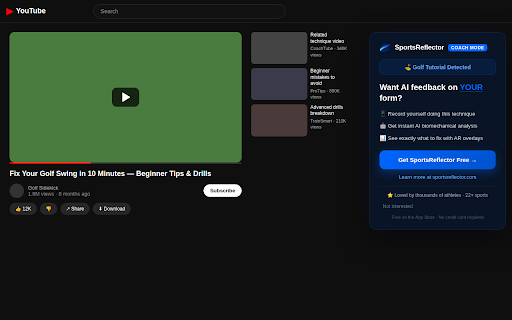Coach Mode — AI Form Coach for Sport Tutorials :: Get AI coaching tips while watching sport tutorials on YouTube. Powered by SportsReflector — the #1 AI sports form analyzer.