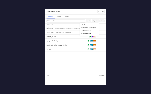 Cookie DevTools :: Developer cookie manager with real-time monitoring, environment profiles, and export to curl/wget. No tracking, no ads.
