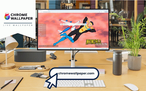 Invincible Sky Flight Live Wallpaper :: Superhero in yellow and black suit soars alongside passenger jet through vibrant sunset sky.