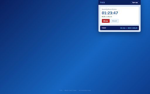 Tick :: Track the real employer cost of your work. Timer, projects, and cost history. By Investica AS.