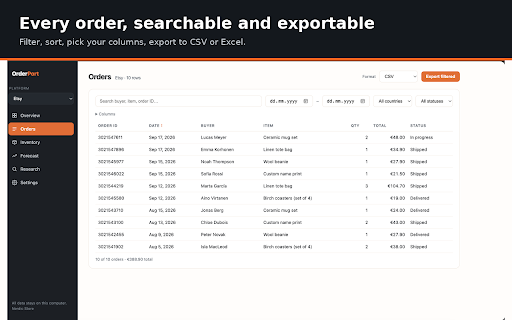 OrderPort — Sales, Inventory & Forecasting for Etsy™, Shopify & more :: Orders, sales analytics, inventory & stock-out forecasts, product watchlist. Etsy, Shopify, WooCommerce, Amazon. Local & private.
