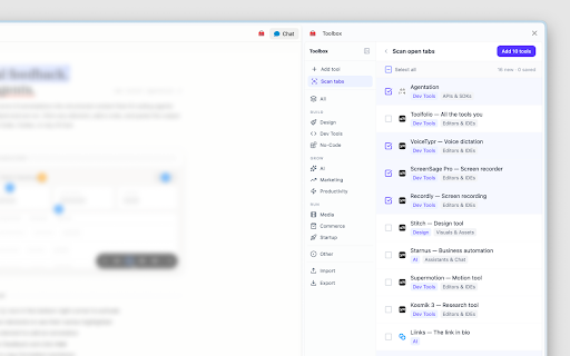 Toolbox :: Save, categorise, and organise every tool you discover across the web — automatically. Local-first, no account needed.