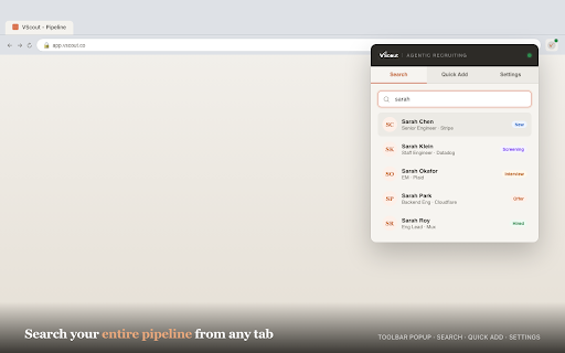 VScout - Agentic recruiting in the browser :: Source from LinkedIn and GitHub, chat with your recruiting agent, and send a notetaker bot to interviews - all in one tab.