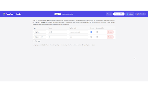 ReadPad - Text to Speech Reader :: Text-to-speech reader for Chrome. Read webpages or pasted text aloud. Pro adds translation, file import, and custom rules.