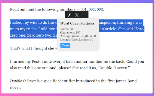 Word Count Stat Pro :: Quickly count the number of characters, words and word lengths of the selected text.