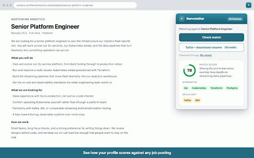 Rumero JD Matcher :: Score your Rumero profile against any job description, tailor your resume to it, and fill the job application form.