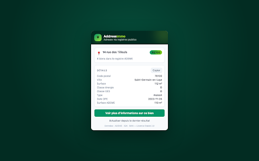 AddressImmo :: Retrouve l'adresse d'une annonce immobilière via les registres publics ADEME (DPE) et IGN (cadastre).