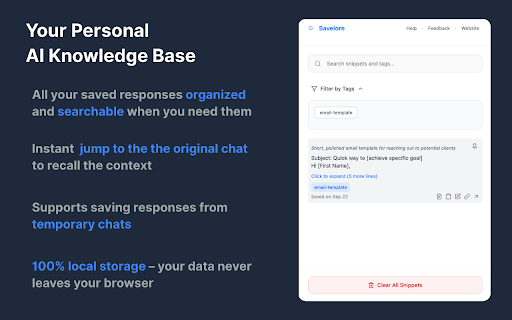 Savelore – Save & Organize ChatGPT & Claude Responses | Local & Private :: Save and organize ChatGPT & Claude responses with one click. Local, private, offline, and fully searchable.