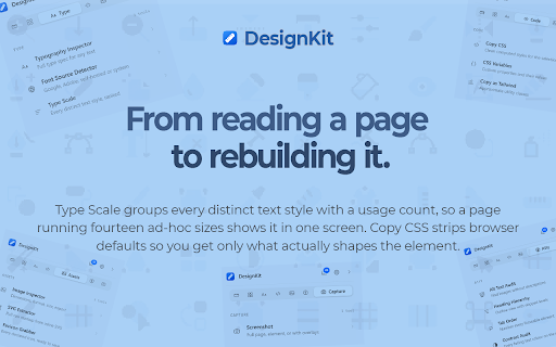 DesignKit: Ruler, Inspector, Color, Typography & A11y Toolkit :: Measure spacing, sample color, read type specs, audit accessibility and capture full pages. 23 tools, one panel, all local.