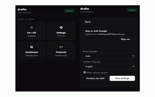 Drafto — AI email replies for Gmail :: AI side panel in Gmail: write, summarise, and refine email replies in your own voice — in 30+ languages.