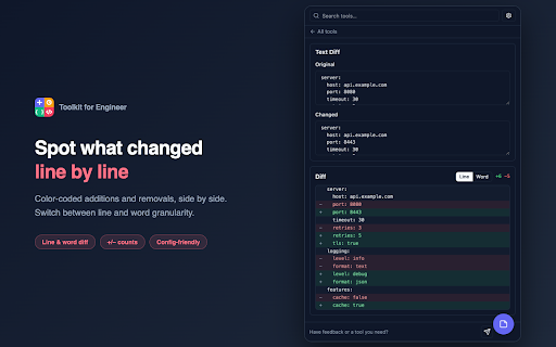 Toolkit for Engineer :: 22 developer tools in one side panel — JSON, timestamps, JWT, regex, diff, hashes, images. No tab switching, no uploads.