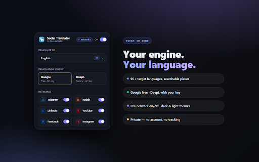 Social Translator :: Translate messages, posts and comments on social media inline, in real time. DeepL & Google engines, 90+ languages.