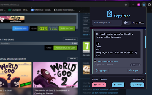 CopyTrace :: Automatically log copied text along with source URLs