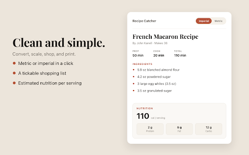 Recipe Catcher :: Grab just the ingredients and instructions from any recipe page — no ads, no pop-ups. Clean, printable, metric or imperial.