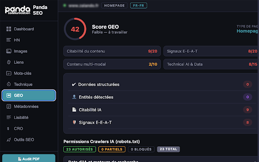 Panda SEO - Audit SEO & GEO :: Audit SEO, GEO & CRO en 1 clic. Scores, Hn, images, liens, mots-cles, lisibilite, operateurs Google et 80+ outils SEO.