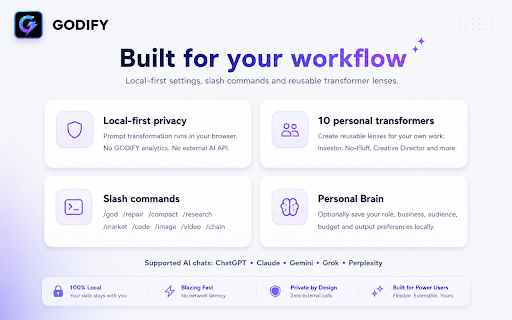 GODIFY — AI Prompt Transformer :: Turn rough requests into clearer, execution-ready AI prompts with one click. Local-first, private, and built for major AI chats.