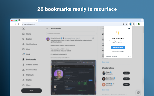 X Bookmark Resurfacer :: Automatically resurface your X/Twitter bookmarks in your feed as reminders