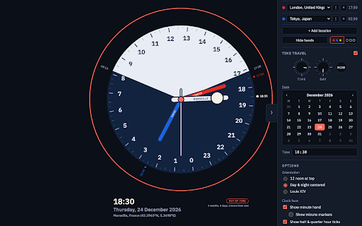Analogous Clock :: 24-hour analog clock with day/night shading, moon phase, and up to twelve time zones on one dial. Click the icon to open it.
