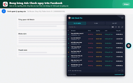 Ads check Pro by Lưu Anh Media :: Quản lý tài khoản quảng cáo Facebook, BM, Page. Tiện ích sử dụng mã Access Token EAAB từ Facebook để hiển thị dữ liệu chi tiết.