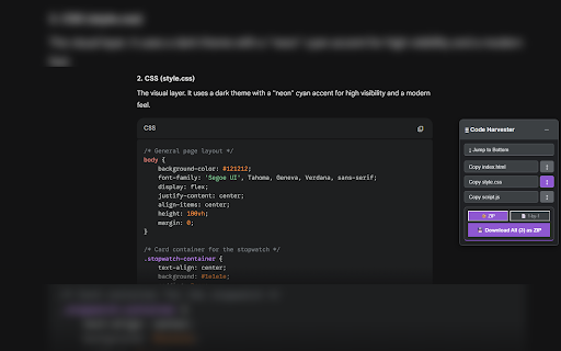 AI Code Harvester for Gemini & ChatGPT :: AI Code Harvester works on Gemini and ChatGPT - copy & download code blocks, jump between files, select what you need, export as ZIP