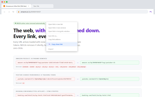 MUGA: The URL denoise extension for the web :: Clean the tracking noise from your URLs without breaking them. No analytics, no telemetry. Open source.