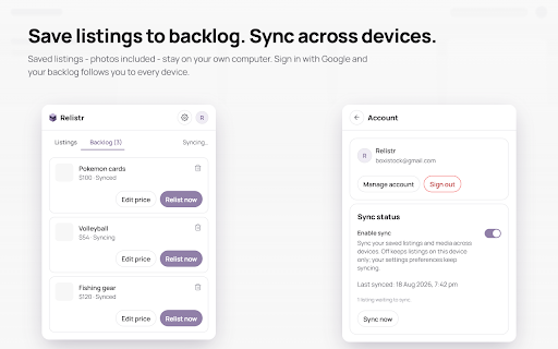 Relistr: Relist on Facebook Marketplace :: Relist Facebook Marketplace listings in one click - single, bulk, or from your backlog. Keeps photos, price, shipping & details.