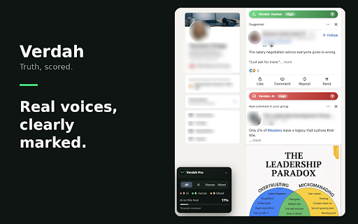 Verdah :: Highlights likely AI-written posts on LinkedIn with confidence-scored badges.