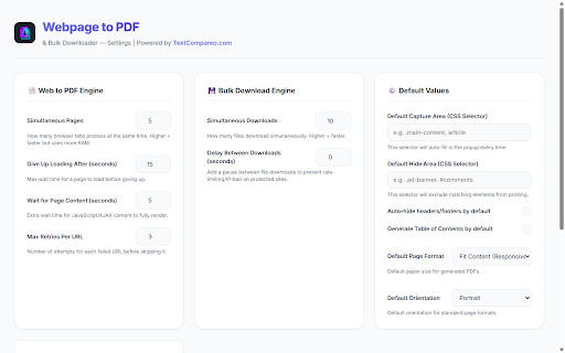 Webpage to PDF & Bulk Downloader :: Convert webpages to PDF, merge multiple pages into one PDF, extract links, and bulk download PDFs, images, documents, and files.