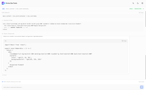 Divine DevTools :: Visual DOM Inspector and AI Side Panel for web app development with Skills integration.